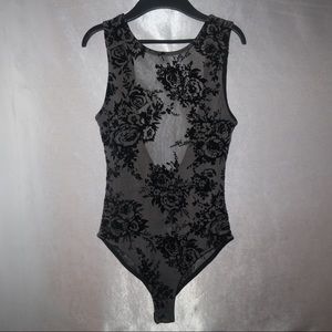 Backless mesh floral velvet bodysuit black & grey